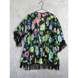 Select Womens Floral‎ Kimono Cardigan Black Pink Blue Fringe Trim Size UK 16